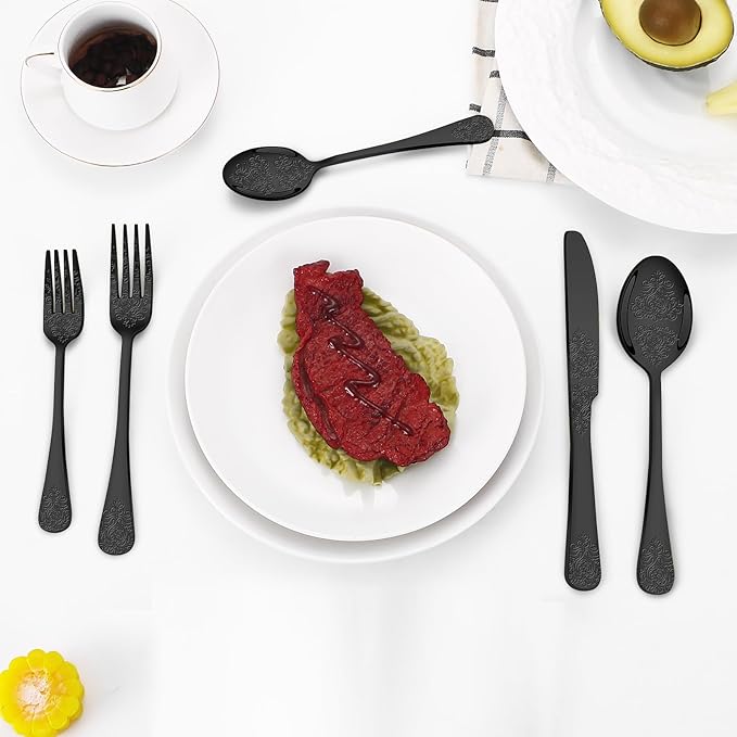 20 Pcs Black Silverware Set for 4 with Classical Flower Embossed Design, Food Grade Stainless Steel Flatware Set, Eating Utensils Sets Include Fork/Knife/Spoon, Cutlery Set, Dishwasher Safe-CasaMuseHome