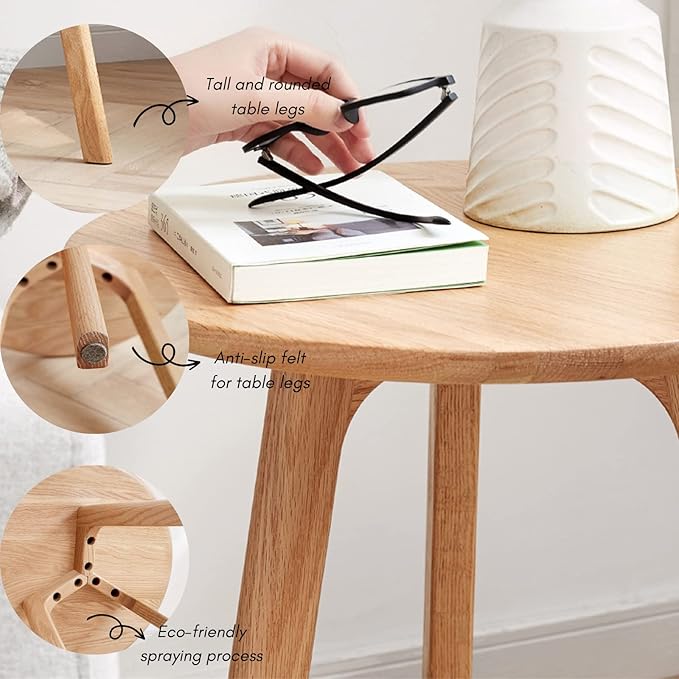 100% Solid Oak Round Side Table, Small Bedside Table for Small Spaces, Living Room End Table with Stable Frame for Bedroom Couch, (Natural, 17.71" D x 19.68" H)-CasaMuseHome