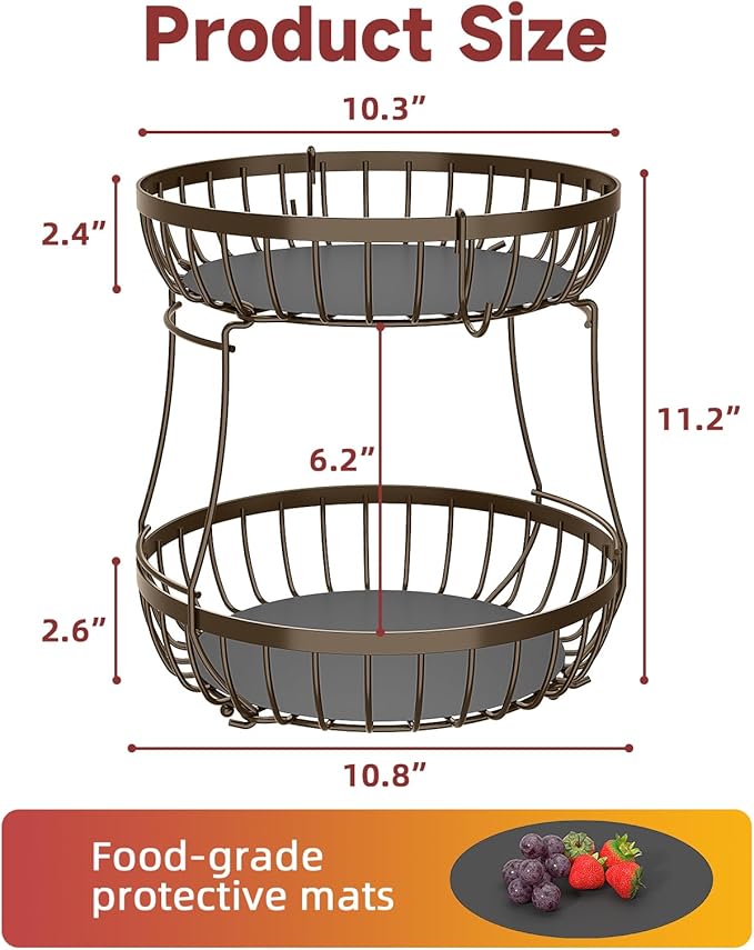 2 Tier Fruit Basket for Kitchen Counter with 2 Banana Hangers, Metal Stackable Fruit Bowl for Kitchen Counter for Bread Vegetable Fruits, Brown-CasaMuseHome