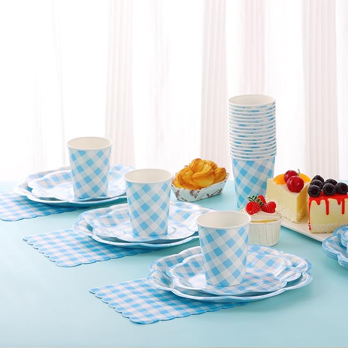 350 Pcs Blue Gingham Plates and Napkins Party Supplies - Blue and White Checkered Plates Sets Serve 50 Guests - Scalloped Gingham Paper Plate for Birthday Dinner Wedding Baby Shower Party Decorations-CasaMuseHome
