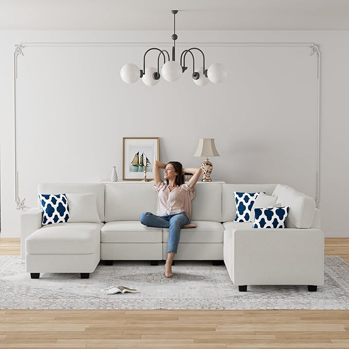 L Lengend Vansen Modular Sectional Sofa U Shaped Couch with Ottoman Modern Reversible Corner Sectional Couch for Living Room (Cream, U Shaped Sofa-2)-CasaMuseHome