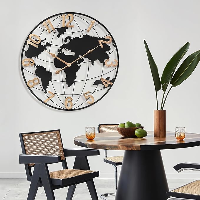 20 Inch Large Wall Clock for Living Room Decor,Big Modern Decorative Silent Metal World Map Wall Clock with Vintage Gold Arabic Numeral for Office,Living Room,Kitchen,Dining Room-CasaMuseHome