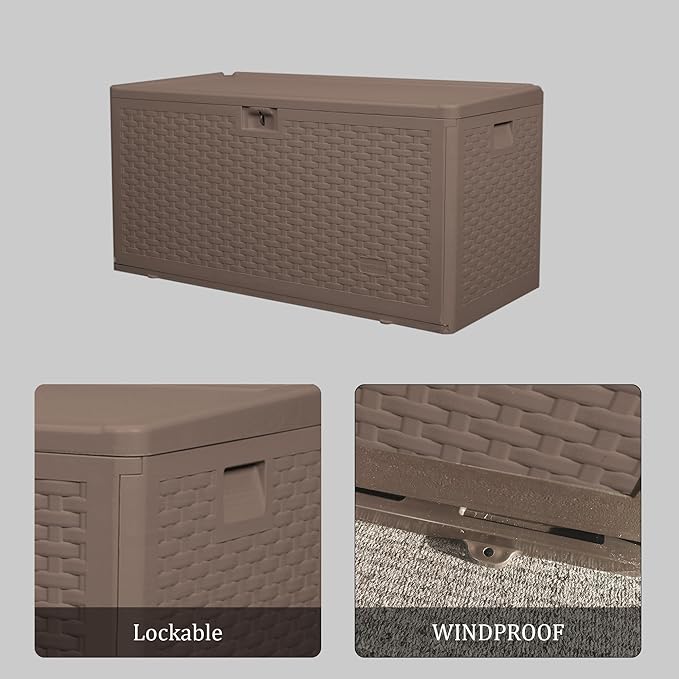 73 Gallon Pro Outdoor Storage Box Waterproof Lockable Resin Deck Box Large, Patio Storage Bin for Pool Accessories Cushion Furniture, Garden Tools, UV-Resistant Outside Delivery Brown-CasaMuseHome