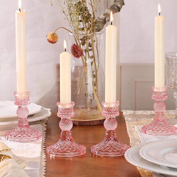 12Pcs Pink Candlestick Holders Set- 4" H Taper Candle Holders Bulk, Glass Candle Holders for Wedding, Party, Romantic Dinner Table Centerpieces, Festival Gifts & Windowsill Decor-CasaMuseHome