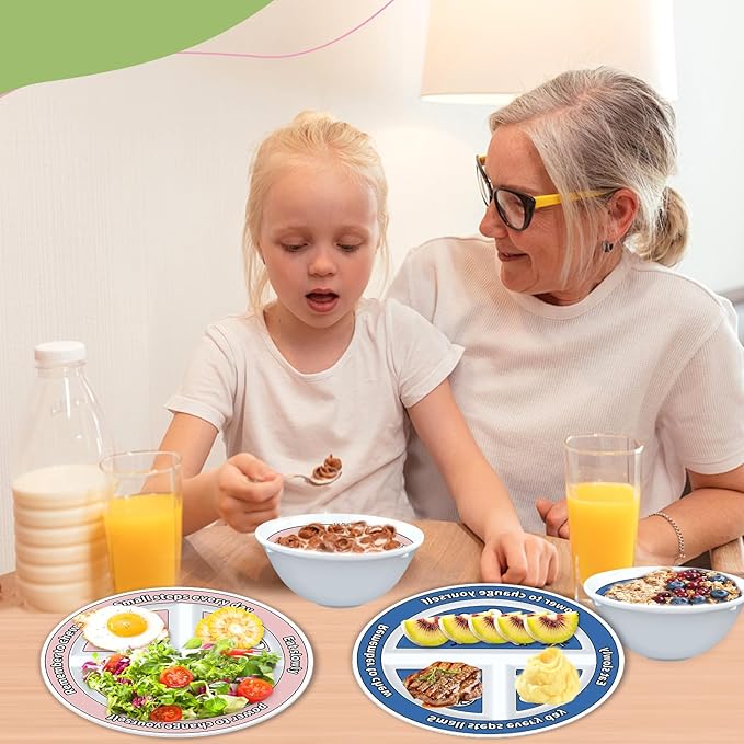 4 Pcs Portion Control Plates & Bowls Set (2 Plates + 2 Bowls, 9 Inch) - Self-Measuring for Weight Loss, Gastric Bypass, LapBand, Diabetes & Healthy Diets, Pink & Blue, for Adults & Children-CasaMuseHome