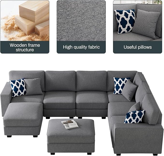 L Lengend Vansen Modular Sectional Sofa U Shaped Couch with Ottoman Modern Reversible Corner Sectional Couch for Living Room (Dark Grey, U Shaped Sofa-3)-CasaMuseHome