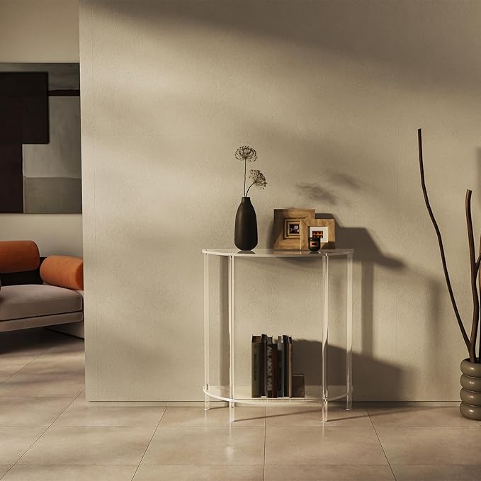 Acrylic Console Table, Half Moon, 29.5" Small Entryway Table, Clear Entry Table for Sofa, Foyer, Hallway, Living Room, Easy Assembly, 2 Tier, 11.8" D x 31.5" H-CasaMuseHome