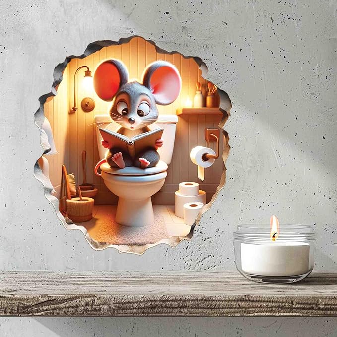 3D Mouse Sitting on Toilet - Mousehole Wall Sticker Decal - Removable Bathroom Decor - Kids Room - Peel & Stick - Whimsical Home Decor - MICESTERPIECE-CasaMuseHome