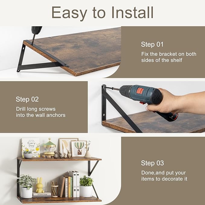 12 Inch Deep Floating Shelves,48W x 12D Floating Shelves, Deep Wall Shelves Bracket Set of 2, Large Display Floating Shelf for Bathroom, Living Room, Wide Storage Wooden Wall Shelf, Rustic Brown-CasaMuseHome