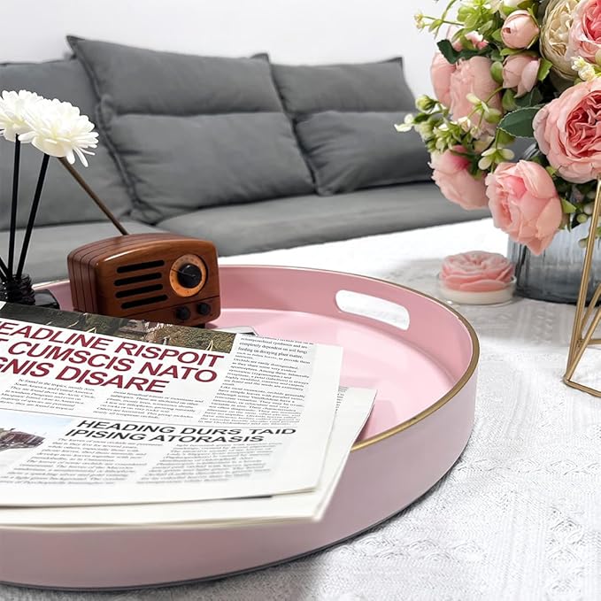 13" Pink Serving Tray with Handles,Round Decorative Tray for Coffee Table, Plastic Modern Coffee Table Tray for Ottoman, Living Room, Bathroom, Décor.-CasaMuseHome