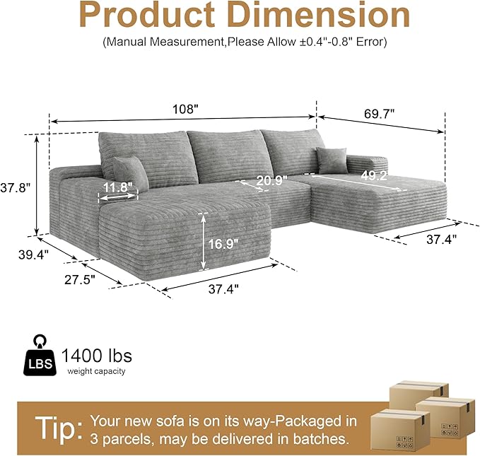 108" Sectional Couches for Living Room Modern Modular Sofa with L-Shape Couchs Upholstered Boneless Couch Deep Seat Sectional Couch with Chaise (Grey, Right Facing Chaise+2Seaters+1Ottoman)-CasaMuseHome