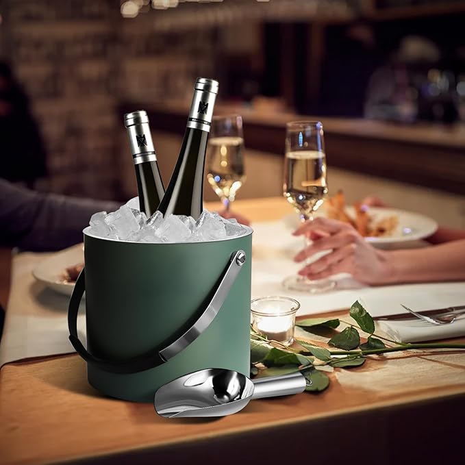 3L Ice Bucket with Silicone Lid, Scoop, Tongs & Strainer, Stainless Steel Double Wall Insulated Ice Buckets for Parties & Cocktail Bar, Outdoor Champagne Ice Container Bin, Dusty Green-CasaMuseHome