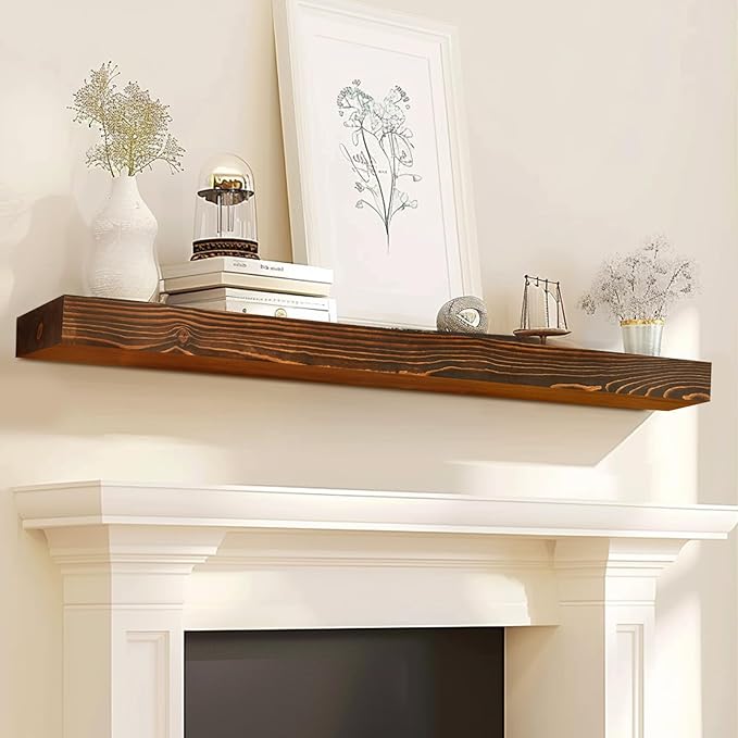 60x8x3 Fireplace Mantel - Solid Rustic Wood - Wall Mounted Floating Shelf with Invisible Heavy Duty Steel Bracket (Weathered Brown)-CasaMuseHome