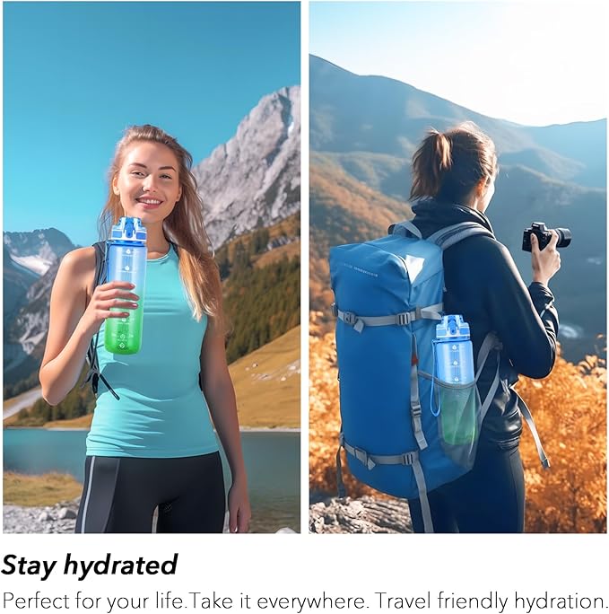 32oz Motivational Water Bottles with Time Marker & Fruit Strainer, Transparent Gradient Color Water Bottle with Times to Drink, Leakproof & BPA Free, Reusable Bottle with Strap (No Straw)-CasaMuseHome