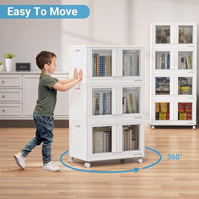 400Qt Stackable Storage Bins with Lids, 100Gal Closet Organizers and Storage Drawer, Plastic Collapsible Storage Bins with Doors, Heavy Duty Store Box Cabinet for Home Kitchen, 4Pack White-CasaMuseHome