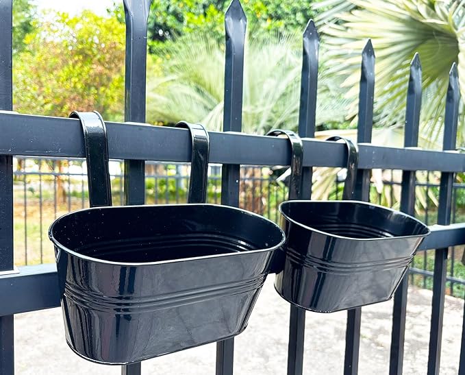 2 Pack Metal Hanging Planter for Outdoor Plants, 10 Inch Black Fence Planters Railing Pots for Garden Patio Balcony Decor, Flower Bucket with Detachable Hooks (Black, 2Pcs)-CasaMuseHome