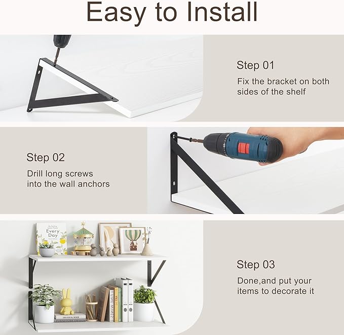 36"W x 10"D Floating Shelves, 10 Inch Deep White Floating Shelves, Farmhouse Rustic Deep Wall Shelves for Home Decor, Wide Large Floating Shelf for Bathroom, Living Room, Kitchen, Study Room-CasaMuseHome