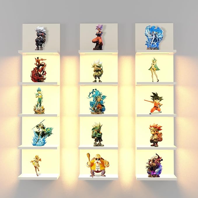 5 Tier Wall Shelf with Light, White Modern Vertical Lack Wall Shelves, Wall Mount, Floating Column Home Decor Shelves for Bedroom, Living Room, Vanity Storage Display-CasaMuseHome