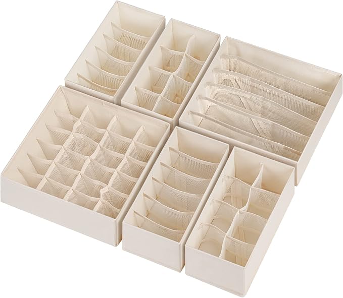 6 Pack Sock Underwear Drawer Organizer Dividers, 58 Cell Foldable Fabric Dresser Closet Organizers and Storage Bins for Clothing, Baby Clothes, Bra, Panty, Scarf, Ties (Beige)-CasaMuseHome