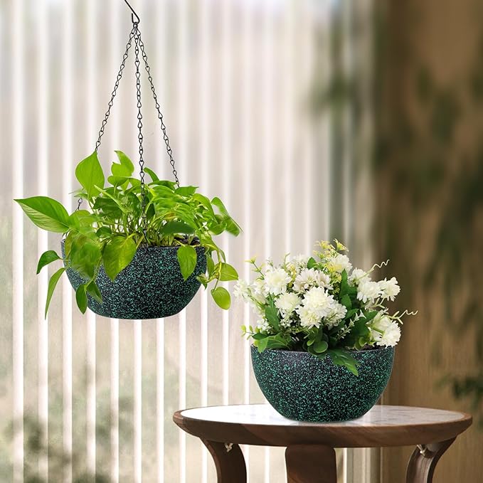 8 inch Small Hanging Planters for Indoor Outdoor Plants, 2 Pack Hanging Flower Pots with Drainage Holes and Chain, Plastic Hanging Baskets for House Plants, Black with Green Speckles-CasaMuseHome