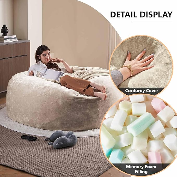 6FT,Oversized Bean Bag Chairs for Adults,Giant beanbag with Filler Included,Fluffy Memory Foam,Soft and Comfy Corduroy Fabric,Gaming Chairs Suitable for Living Room and Bedroom (Apricot, 6 Foot)-CasaMuseHome