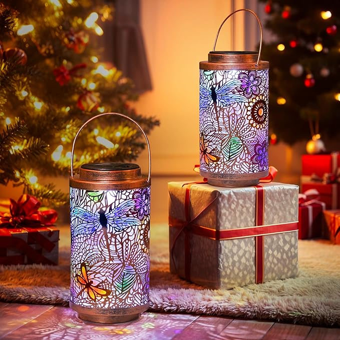 2Pack Solar Outdoor Lanterns Waterproof Multicolor Dragonfly Garden Gifts for Mom Women Backyard Lights Lanterns for Indoor,Outdoor, Porch, Outside,Mothers Day Gifts for Grandma Wife-CasaMuseHome