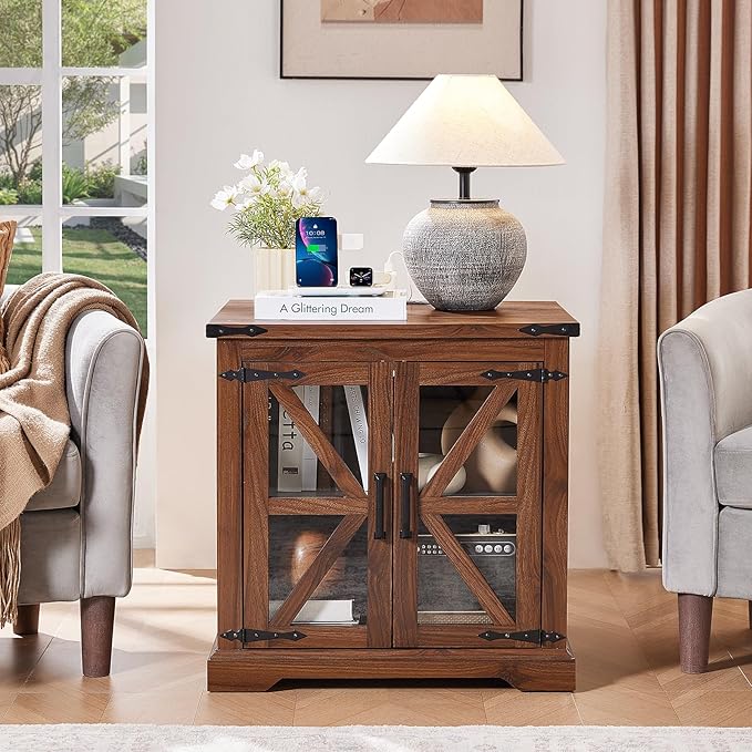 24" End Table with Charging Station, Farmhouse Night Stand with Glass Barn Door, Green Nightstands with Adjustable Storage Shelf, Large Wood Square Bed Side Table for Living Room, Bedroom-CasaMuseHome