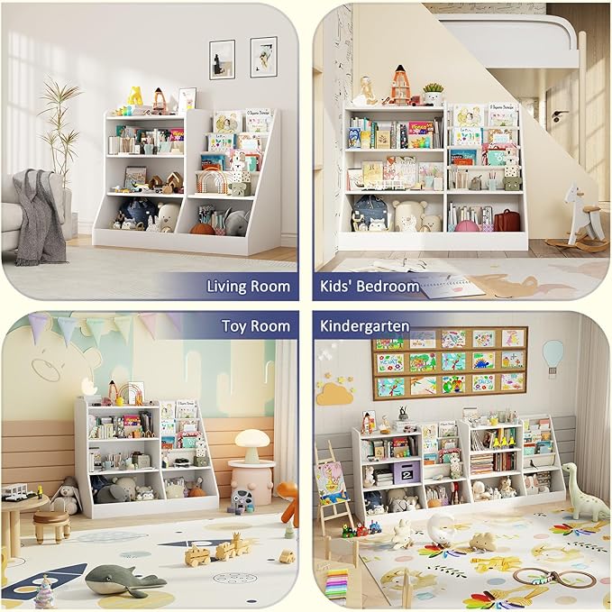 39" Large Kids Wooden Bookshelf and Toy Storage Organizer, Baby Bookcase with Sling Book Rack, Children Toddler Wooden Book Shelf for Kids Rooms, Playroom, Classroom, Nursery, School (White)-CasaMuseHome