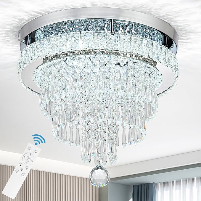 16“ Crystal Chandeliers Round Modern LED Chandelier Light Flush Mount Ceiling Light Fixtures with Remote Control for Bedroom Living Room Dining Room (dimmable)-CasaMuseHome