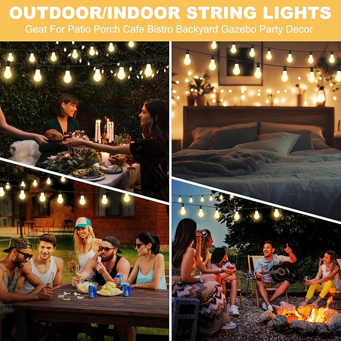 100FT Outdoor String Lights Waterproof with 64+4 Bulbs (1.5FT Bulbs Spacing), Remote & Dimmer, Commercial Patio String Lights with 3 Mode Light & Timing, 100PC Mounting Ties for Outside-CasaMuseHome