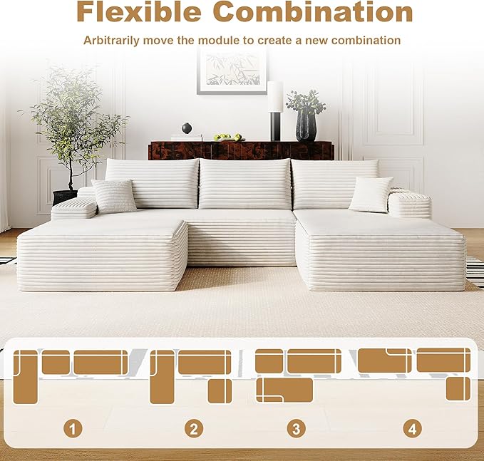 108" Sectional Couches for Living Room Modern Modular Sofa with L-Shape Couchs Upholstered Boneless Couch Deep Seat Sectional Couch with Chaise (White, Right Facing Chaise+2Seaters+1Ottoman)-CasaMuseHome