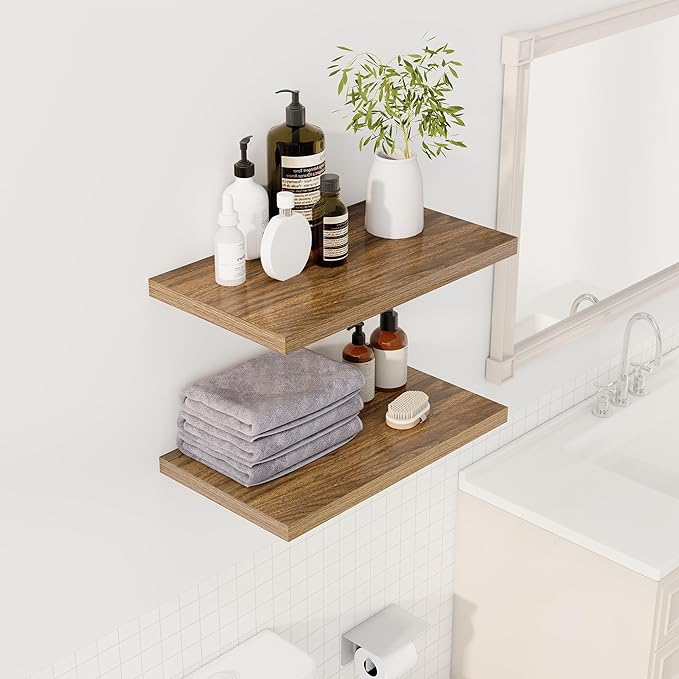 24" Floating Shelves for Wall, 12" Deep Slim Walnut Floating Shelves, Wall-Mounted Shelves for Bedroom, Living Room, Kitchen, Bathroom - Set of 2-CasaMuseHome