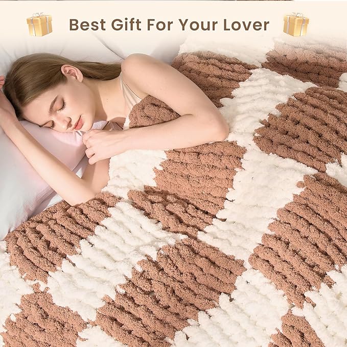 L'AGRATY Chunky Knit Blanket Throw: 50''x60'' Chenille Chunky Knitted Throw Blankets for Bed Couch - Handmade Thick Cable Knit Blanket - Large Crochet Rope Blankets for Home Decor(Brown Checkered)