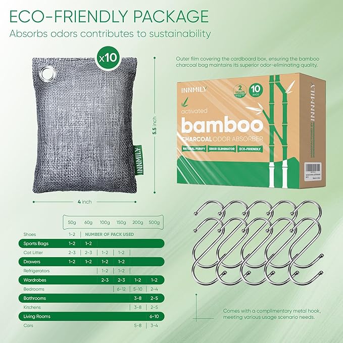 Activated Charcoal Odor Absorber, Odor Eliminator for Strong Odor,Bamboo Charcoal Air Purifying Bags for Home Car Closet Pet, Smoke Room Deodorizer (10 x 100g, Unscented)-CasaMuseHome