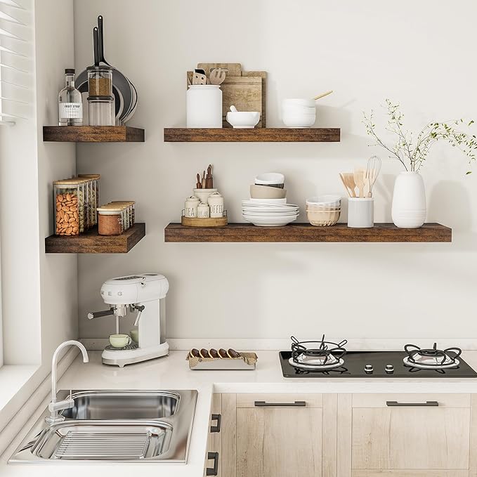 12" Deep Floating Shelves for Wall 24 Inches Long, Heavy Duty Wall Shelves for Bedroom Bathroom Kitchen Laundry Room, Farmhouse Rustic Shelves for Home Decor, 24" X 12" X 2" Set Of 2, Rustic Brown-CasaMuseHome