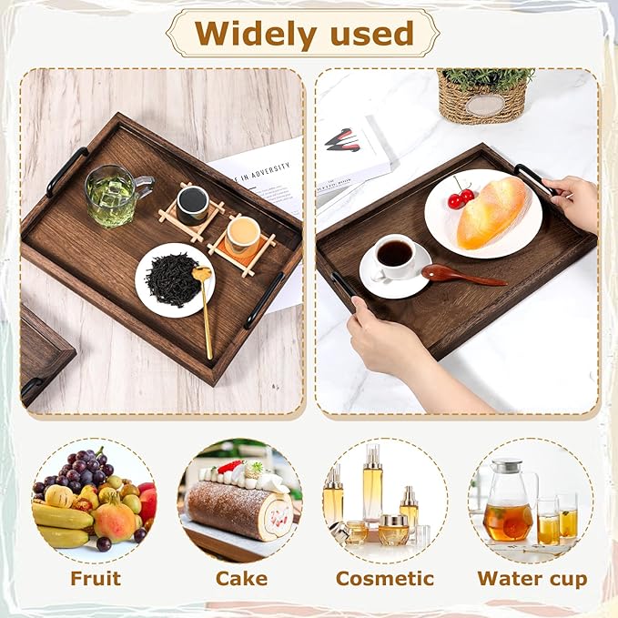 2 Pcs Rustic Wooden Serving Trays with Handle Decorative Nested Vintage Wood Serving Tray Stylish Farmhouse Decor Servings Platters for Eating, Breakfast(Large 15.8x11.8x1.2 in, Small 13.4x9.4x1.2 in)-CasaMuseHome