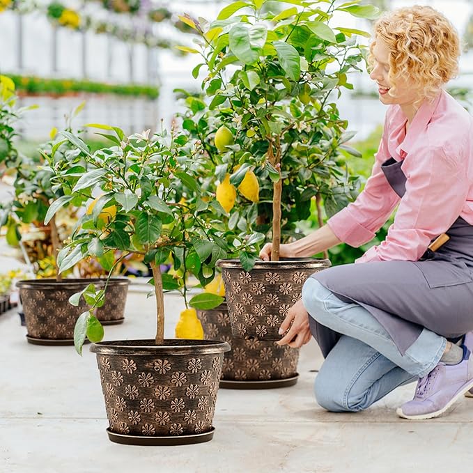 16 Inch Planter Pots for Plants, Plastic Large Flower Pots Indoor Outdoor, 4 Pack Resin Plant Pot with Drainage & Saucer, Retro Decorative Garden Pot with Removable Trays for House-CasaMuseHome