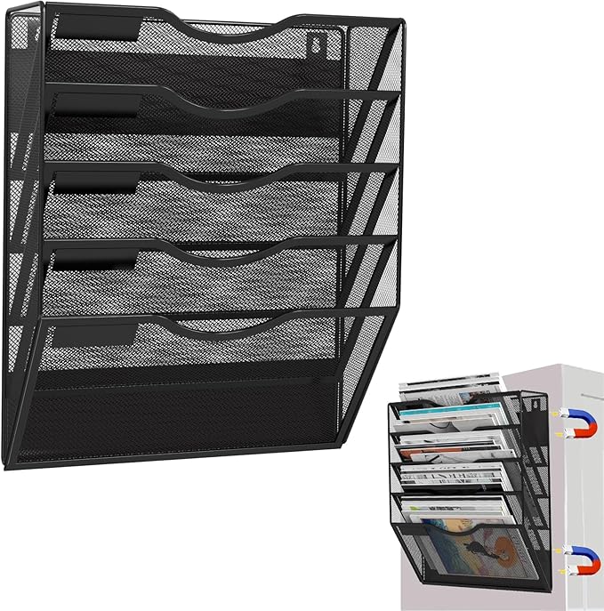 5-Tier Magnetic File Holder, No Drilling Installation File Cabinet Organizer, Black Magnetic File Organizer, Magazine Rack, Magnetic Paper Holder for Refrigerator, File Cabinets, Whiteboard-CasaMuseHome