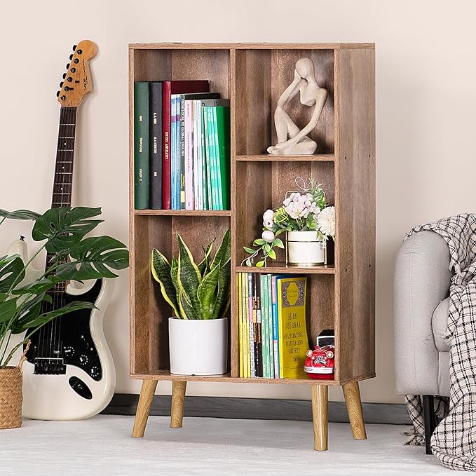 5 Cube Small Bookshelf,3 Tier Mid-Century Modern Bookcase with Legs,Wood Kids Bookshelves Storage Organizer Shelf,Free Standing Narrow Book Shelves,Oak Grey Corner Bookcases for Bedroom,Living Room-CasaMuseHome
