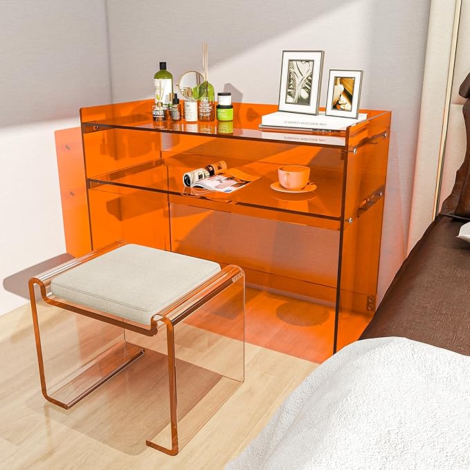 Acrylic Desk with Retaining Edge, Orange Acrylic Table, Console Table for Office, Study, Bedroom, Entrance Decor (17.7" D x 39.4" W x 31.5" H, Orange)-CasaMuseHome