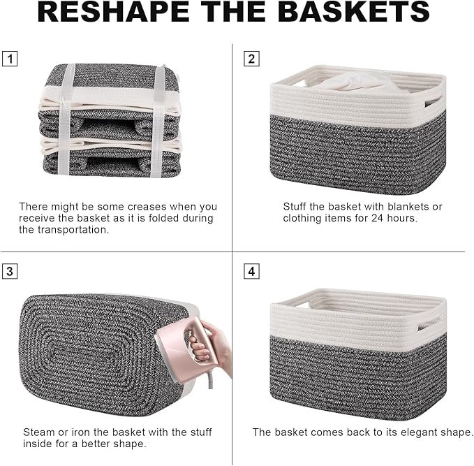 4 Pack Storage Baskets for Organizing, Woven Baskets for Shelves - Perfect for Toys, Books, Towels, and Clothes, Durable Gift Basket Bins Toy Storage, 13''Lx9''Wx7.8''H, Black & White-CasaMuseHome