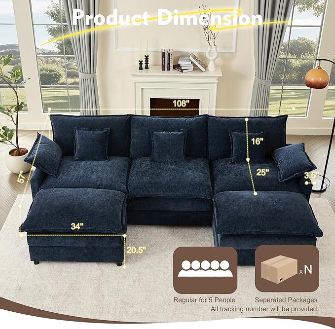 108" U Shaped Couch, Modular Sectional Sofa, 3-Seater Comfy Cloud Couch with Movable Ottoman, Deep Seat Couches for Living Room, Chenille, Navy-CasaMuseHome
