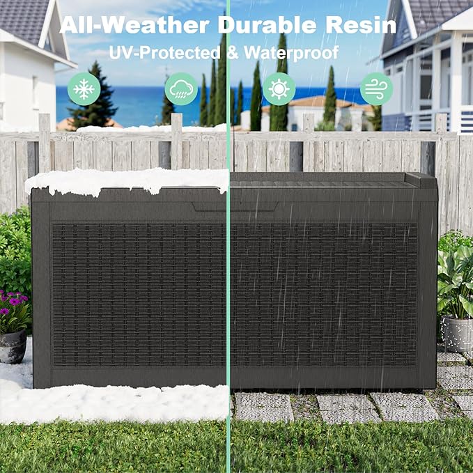 60 Gallon Resin Deck Box, Lockable Outdoor Storage Box for Patio Cushions Storage Furniture,Garden Tools, Pool Supplies, Weatherproof and UV Resistant(Black Rattan)-CasaMuseHome