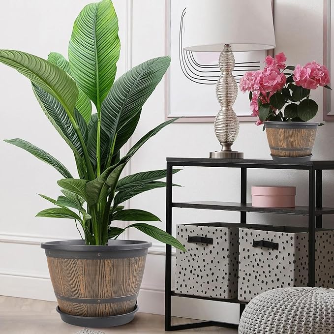 16-inch-Plant-Pots-Indoor-Outdoor, 4 Pack Large Whiskey Barrel Planters with Drainage Holes & Saucer, Plastic Flower Pots Imitation Wine Barrel Design, Decorative Garden Pots for Plants-CasaMuseHome