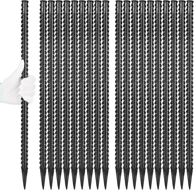 24 Inches Straight Rebar Stakes(20-Pack), 1/2" Diameter Steel Metal Stakes for Garden with Chisel Point End Heavy Duty Ground Anchors for Landscape, Concrete Form, Camping & Trapping Black-CasaMuseHome