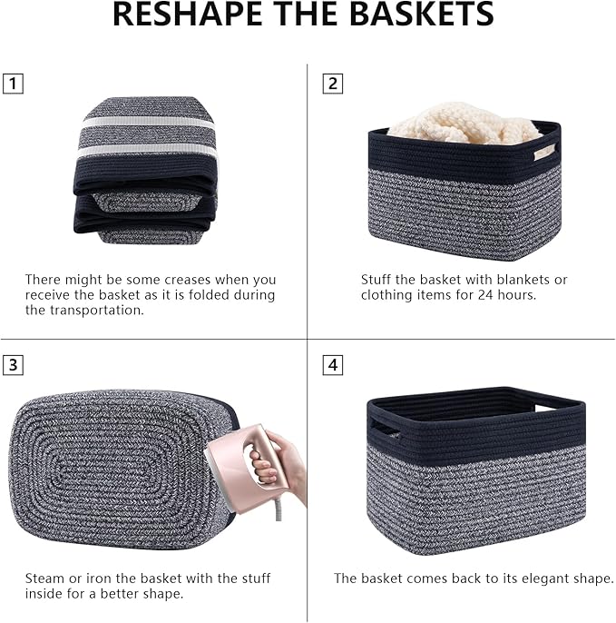 4 Pack Storage Baskets for Organizing, Woven Baskets for Shelves - Perfect for Toys, Books, Towels, and Clothes, Durable Gift Basket Bins Toy Storage, 13''L x9''W x7.8''H, Blue and Grey-CasaMuseHome