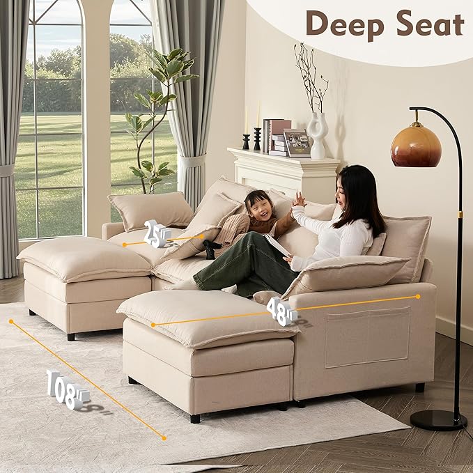 108" U Shaped Couch, Modular Sectional Sofa, 3-Seater Comfy Cloud Couch with Movable Ottoman, Deep Seat Couches for Living Room, Linen, Beige-CasaMuseHome