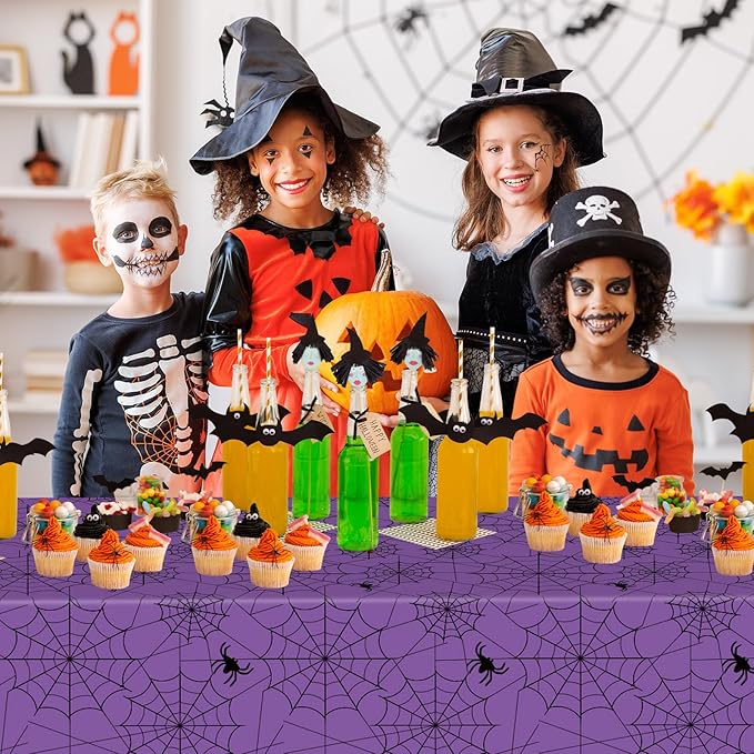 2 Pcs Halloween Tablecloth - Plastic Halloweens Spider Webs Table Cloth, Purple Disposable Rectangle Spiderweb Table Cover for Halloween Party Decorations Supplies Favors Tables Decor, 108 x 54 Inch-CasaMuseHome
