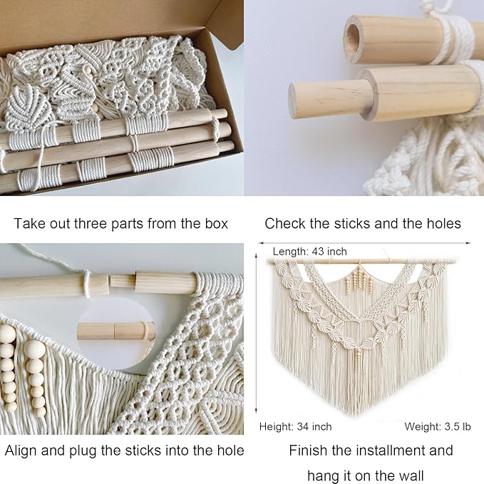 Achart Macrame Wall Hanging Large- Boho Wall Decor- large wall art- Wall Decor Living Room- Macrame Tapestry Boho Decor for Bedroom (Leaf &Wood Bead)-CasaMuseHome
