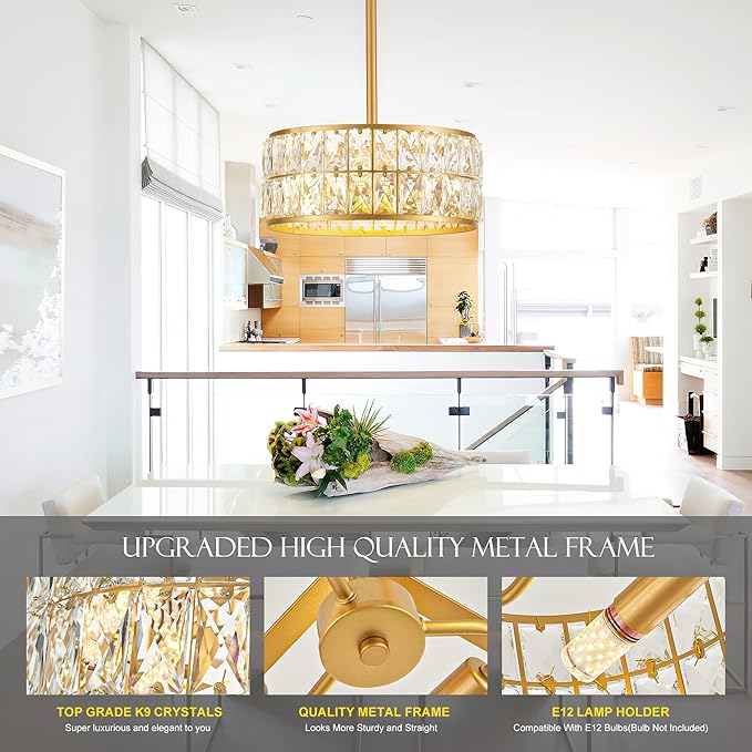 12” 3-Light Modern Crystal Chandeliers Gold Dinning Room Light Fixture, Round Pendant Light Kitchen Island Chandelier, Flush Mount Ceiling Light for Living Room Entryway Bedroom Foyer-CasaMuseHome